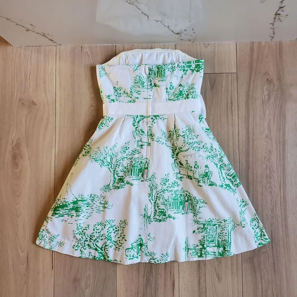 Lilly Pulitzer Dress Womens 0 White Green Strapless Bow Fit Flare Sundress Toile - Picture 2 of 6